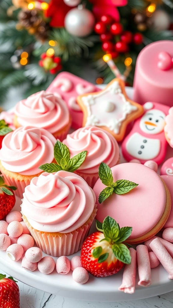 A festive pink dessert platter with cupcakes, cookies, and candies, garnished with strawberries and mint.